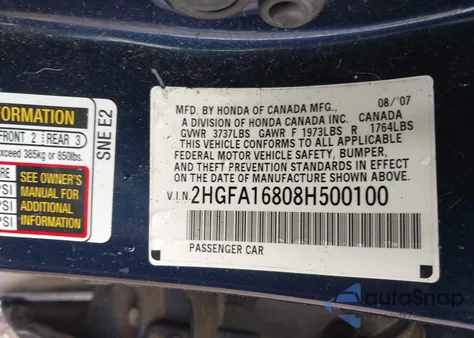 2008 Honda Civic Ex from USA, damaged, VIN 2HGFA16808H500100